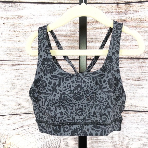 LuluLemon Black and Grey Energy Floral Strappy Sport Bra Size 4 - Picture 1 of 9